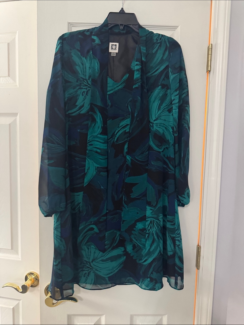 Anne Klein Teal and Navy Floral Chiffon Dress with Overlay